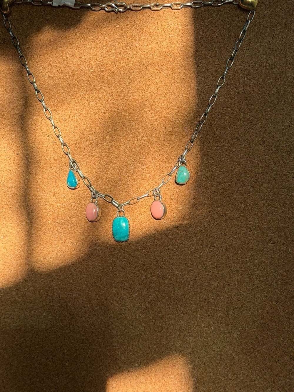 925 Sterling Silver Turquoise and Pink Conch Dangle Charm Necklace with Chain